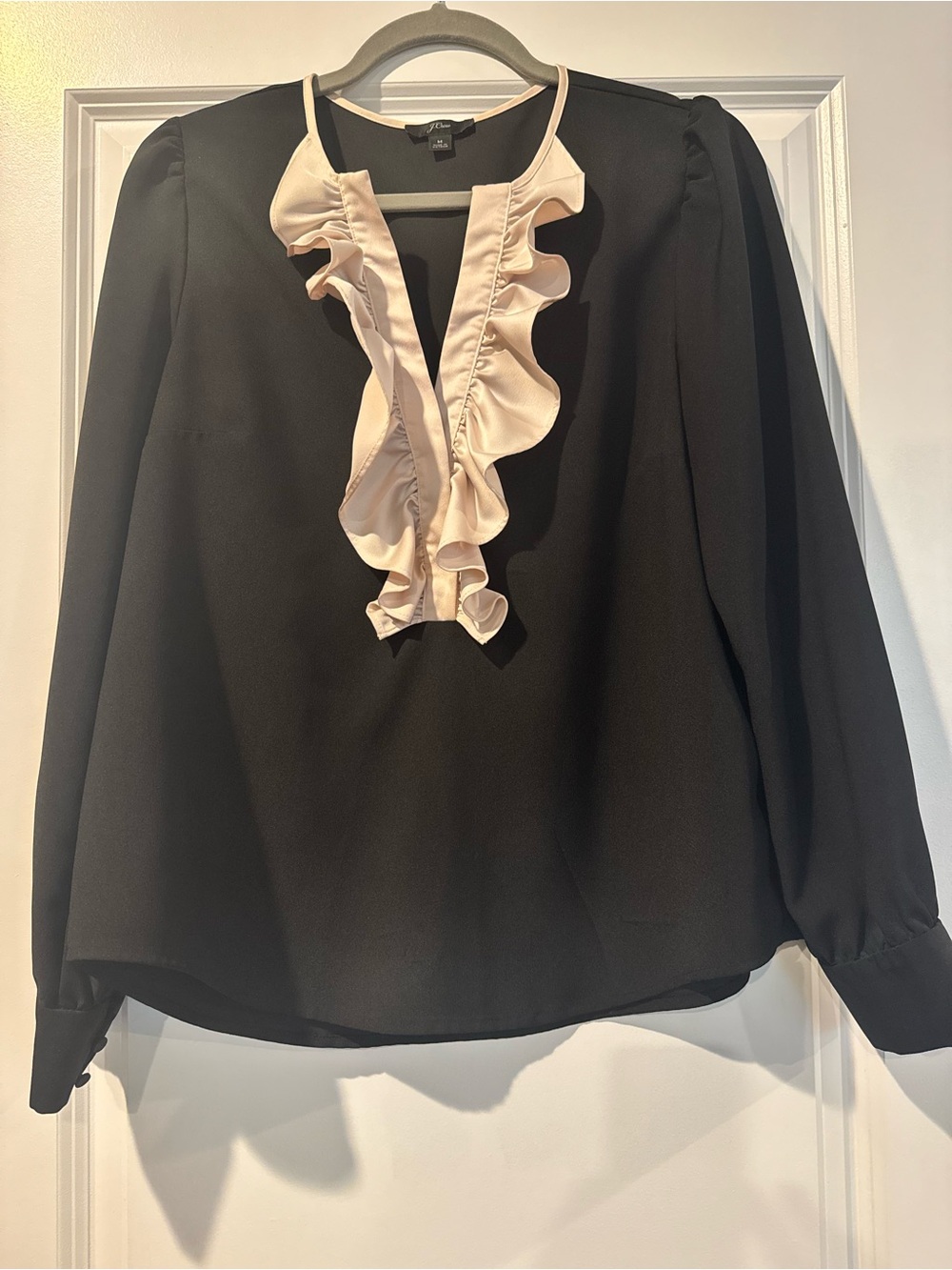 J. Crew Black Blouse with Cream Ruffle V-Neck